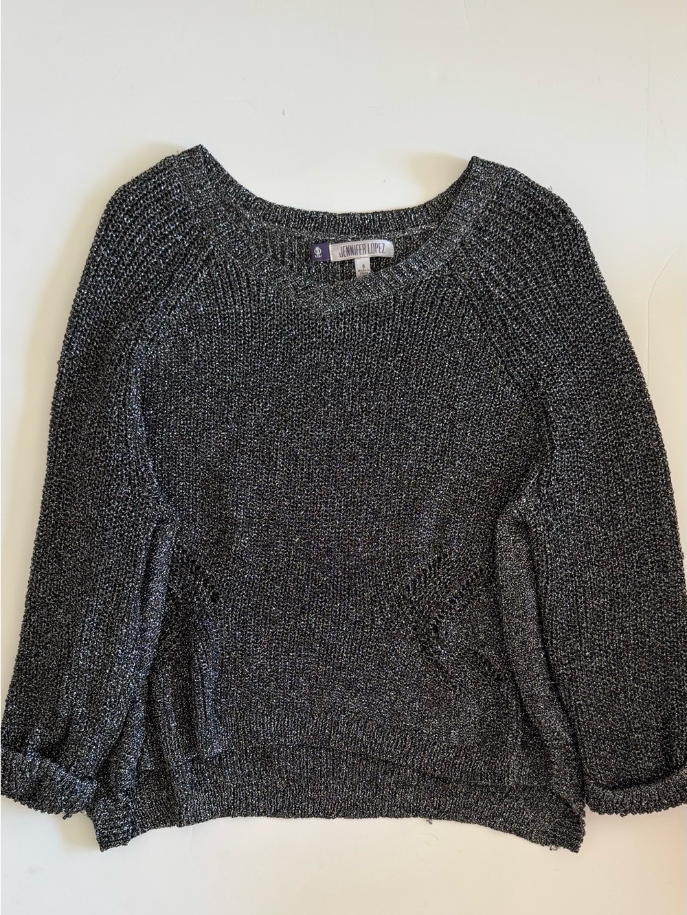 Jennifer Lopez Charcoal Silver Metallic V-Neck Sweater